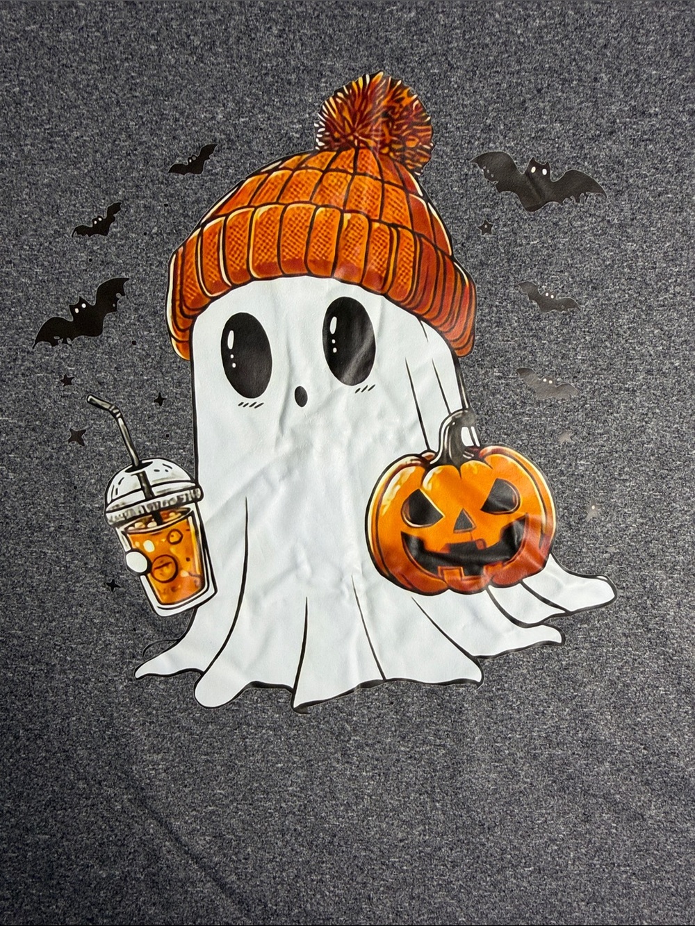 Women’s Halloween Ghost Tee in Gray with Orange Beanie Graphic Size XL - Picture 4 of 6